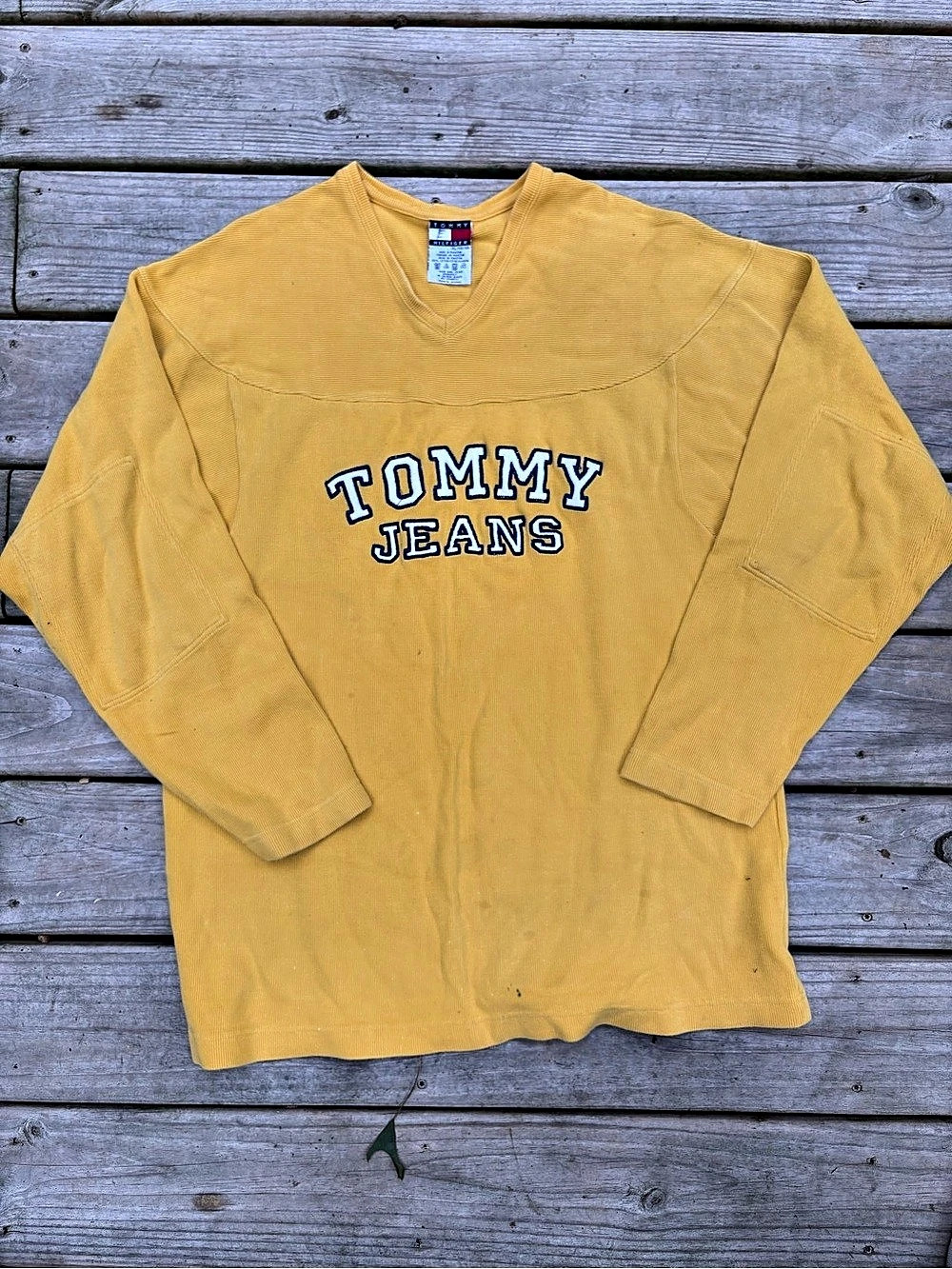 Vintage 90s Tommy Hilfiger Tommy Jeans Long Sleeve V-Neck Yellow Size XL